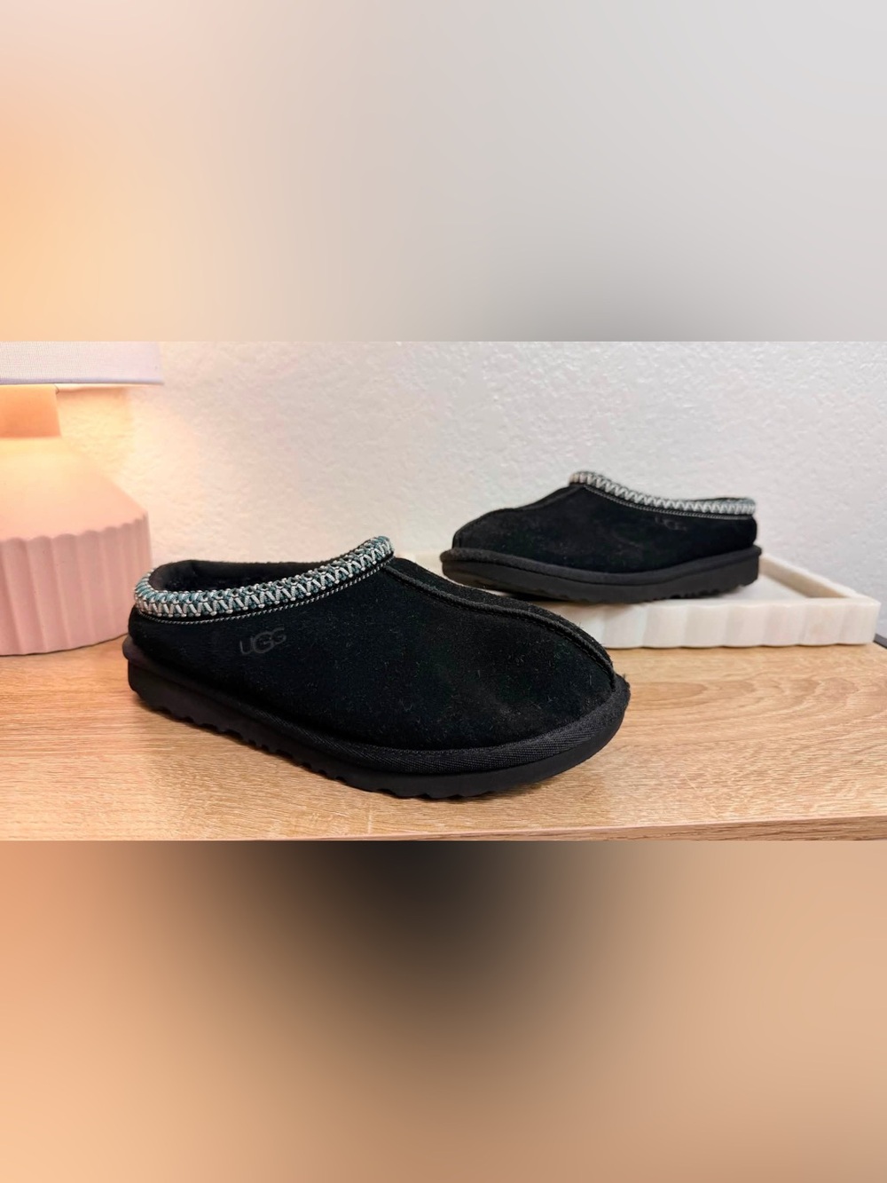 UGG Black Suede Slip-On Mule with Contrast Trim